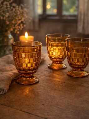 Vintage Amber Glass Pedestal Tumblers Set of 4 Textured Diamond Pattern Goblets